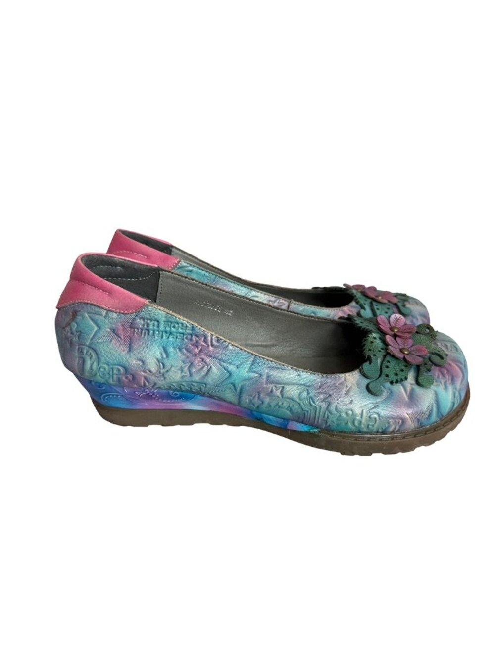 Scofy Teal Pink Floral Embossed Leather Wedge Flats Iridescent Size 11 Women's